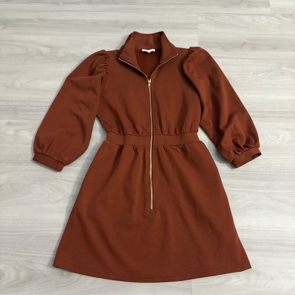 Entro Womens Dress Rust Orange Half Zip Puff Sleeve Mini Dress Mock Neck Size S